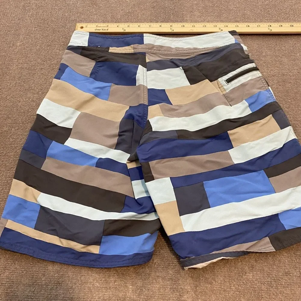 Patagonia Trunks Board Short Mens Size 29 Beach Blue Striped Swim Logo Wavefarer